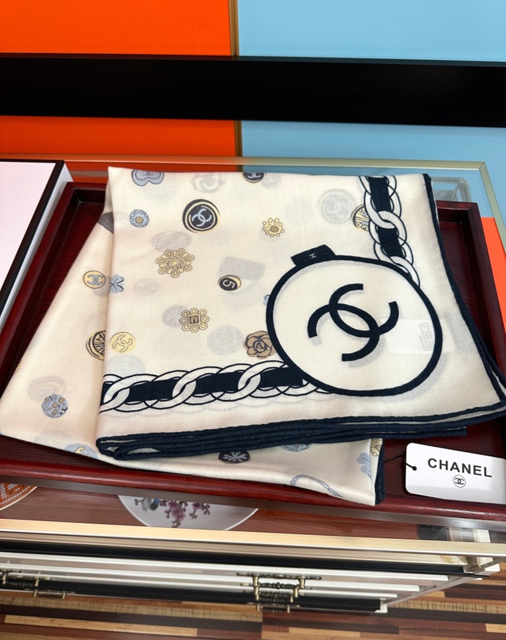 Chanel Cream Coin Medallion Chain‑Border Silk‑Cashmere Large Square Scarf NWT